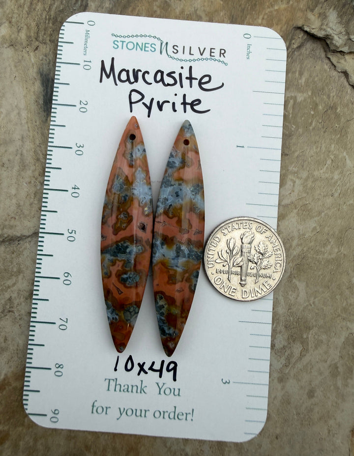 Red/Yellow Marcasite Pyrite Matching Earring Slab Bead Pair