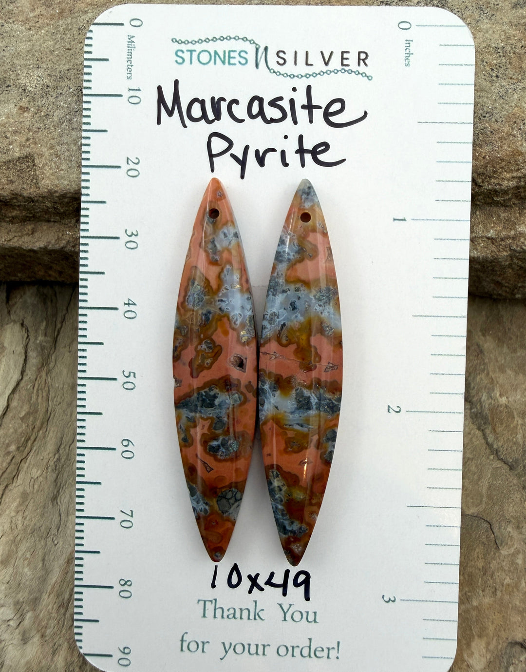Red/Yellow Marcasite Pyrite Matching Earring Slab Bead Pair