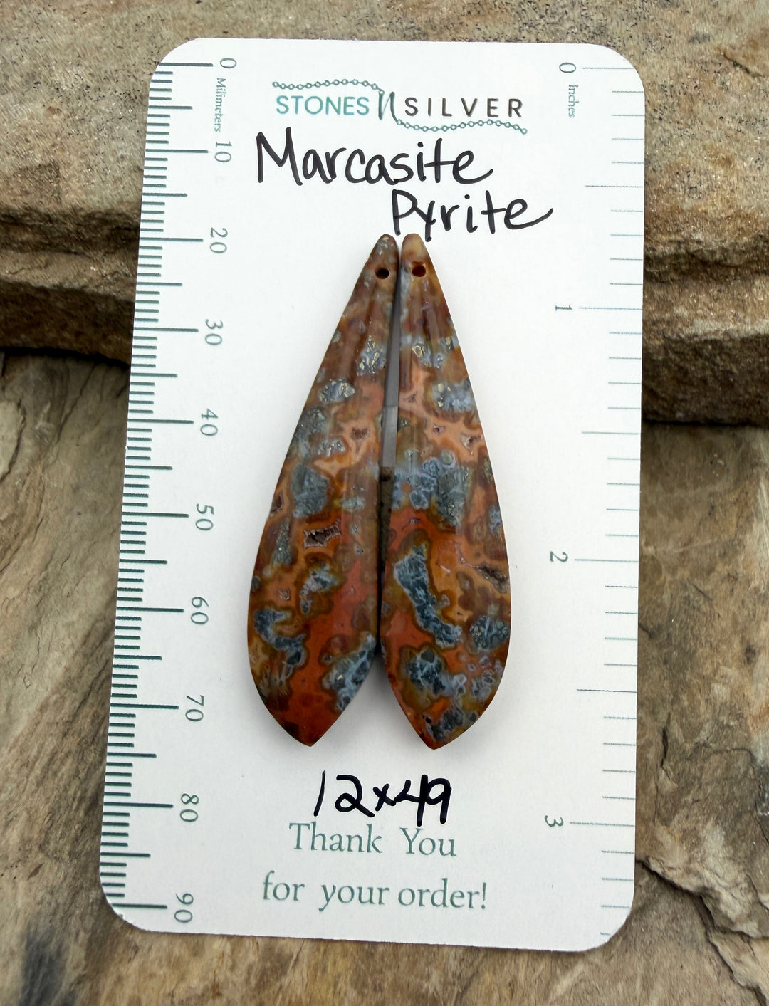 Red/Yellow Marcasite Pyrite Matching Earring Slab Bead Pair