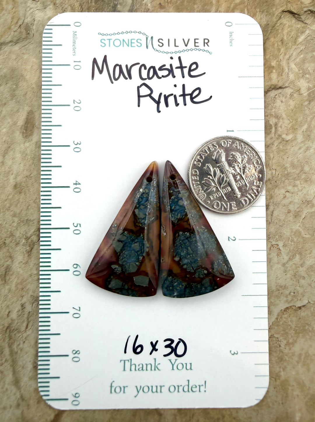 Red/Yellow Marcasite Pyrite Matching Earring Slab Bead Pair