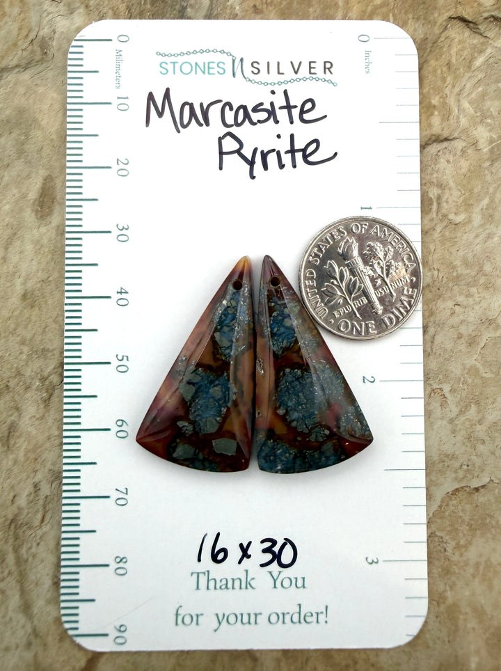 Red/Yellow Marcasite Pyrite Matching Earring Slab Bead Pair
