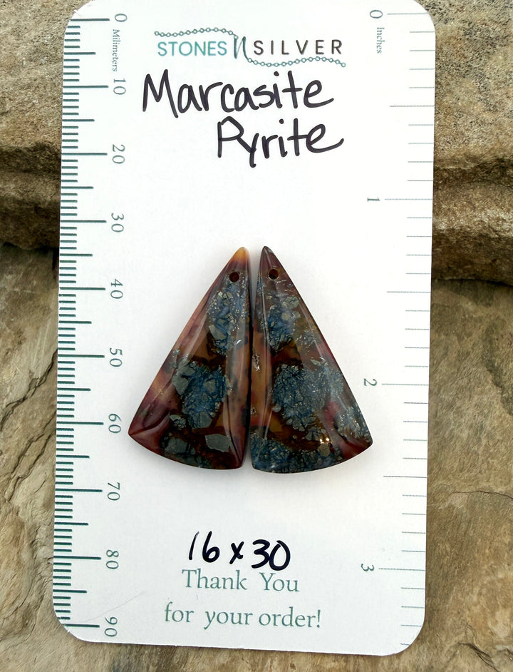 Red/Yellow Marcasite Pyrite Matching Earring Slab Bead Pair