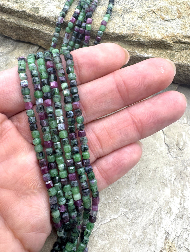 Ruby in Zoisite Faceted 4mm cube bead strands 15 inch