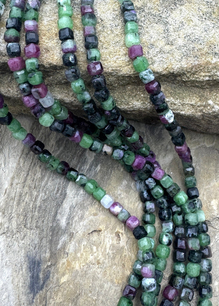 Ruby in Zoisite Faceted 4mm cube bead strands 15 inch