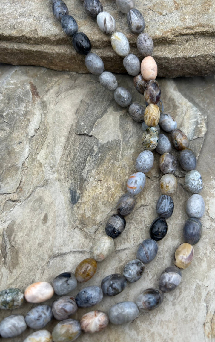 Silver Needle Agate Big Oval Beads 10x15mm 15 inch strand