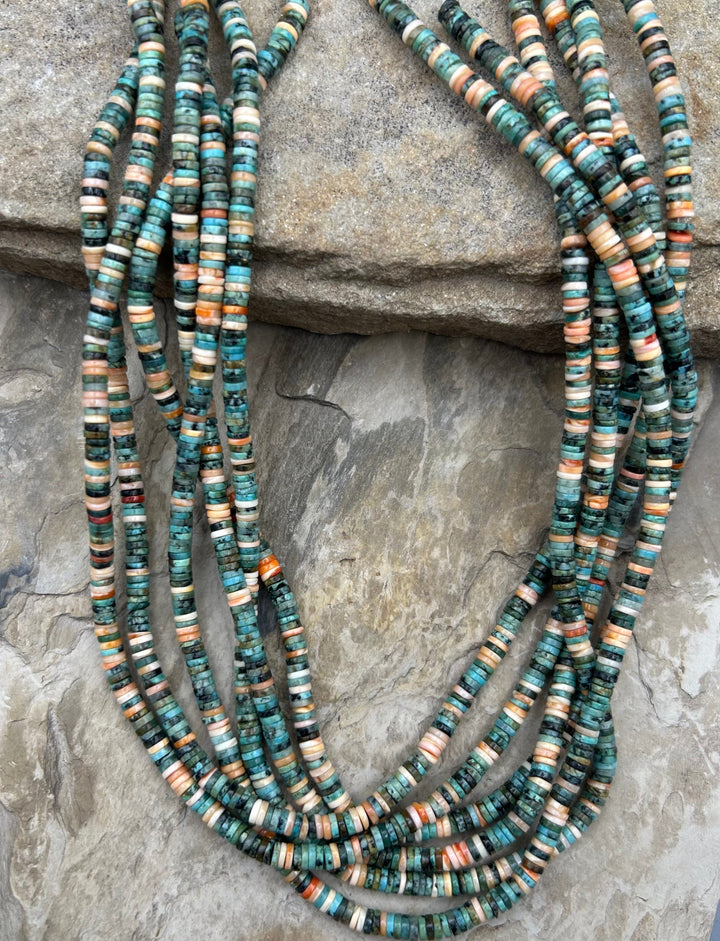 Spiny Oyster and African Jade 4mm Heishi Beads One 16 Inch