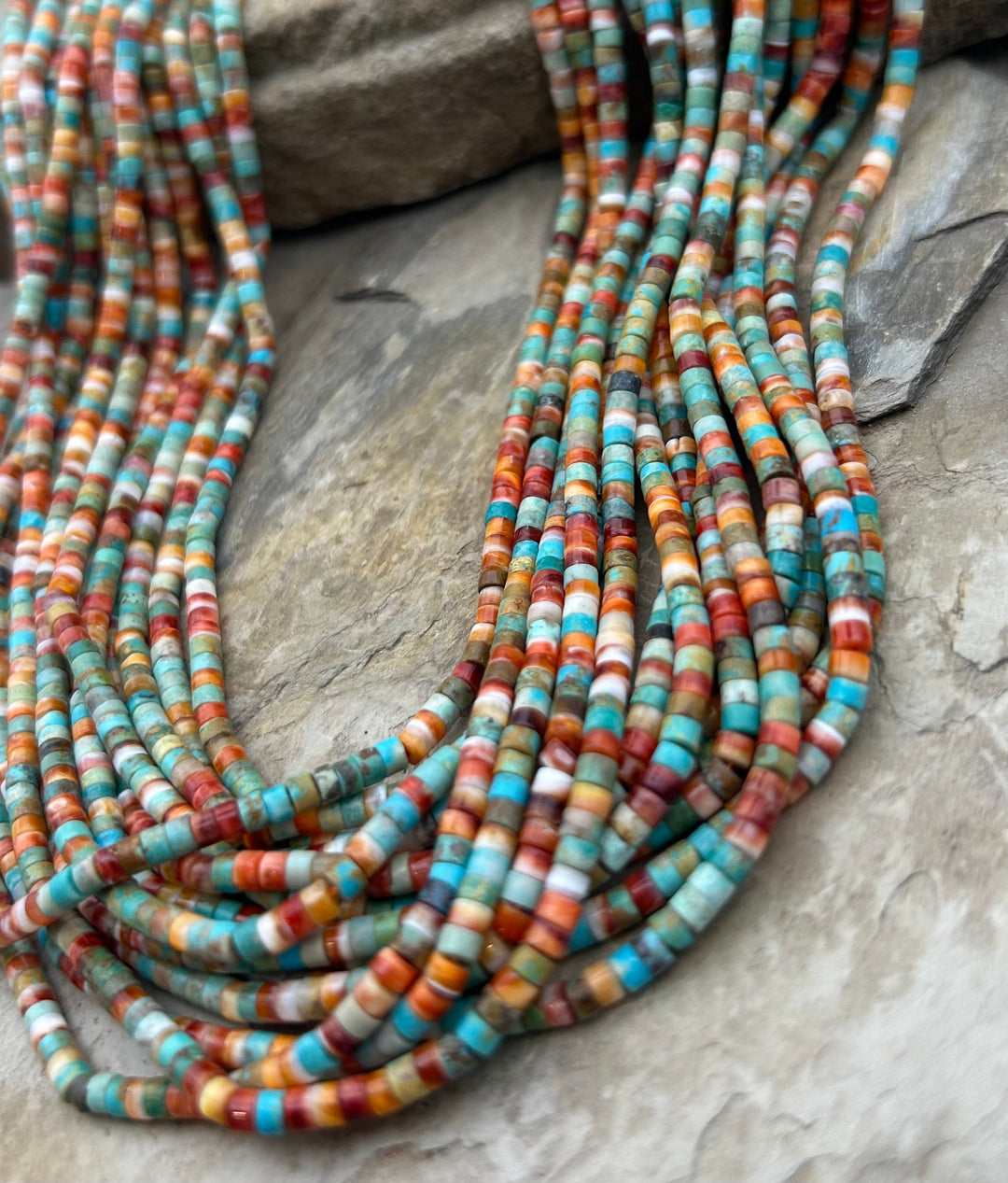 Spiny Oyster and Turquoise 3mm Heishi Beads One 16 Inch