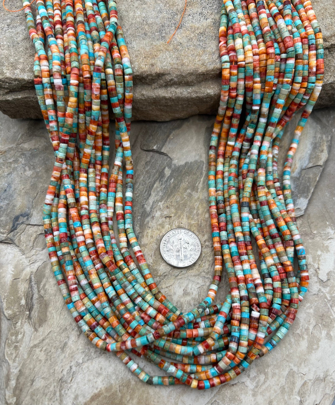 Spiny Oyster and Turquoise 3mm Heishi Beads One 16 Inch