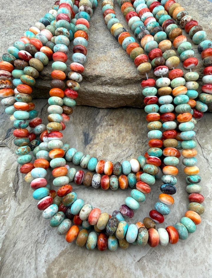 Spiny Oyster and Turquoise 8mm Rondelle Beads One 16 Inch