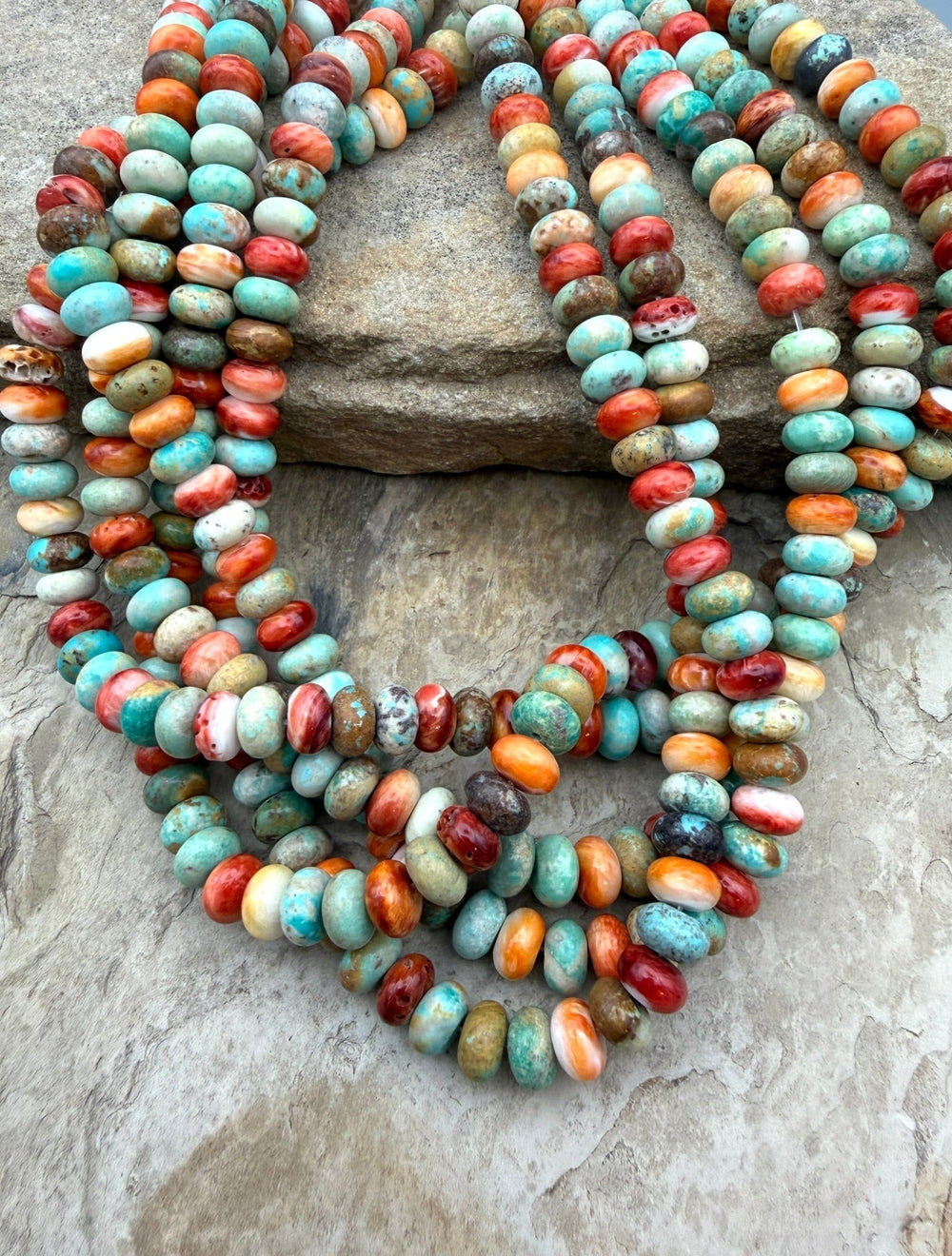 Spiny Oyster and Turquoise 8mm Rondelle Beads One 16 Inch