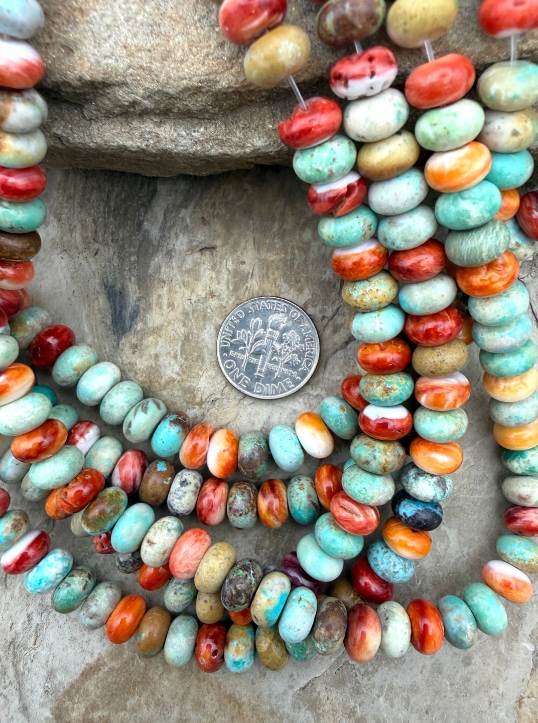Spiny Oyster and Turquoise 8mm Rondelle Beads One 16 Inch