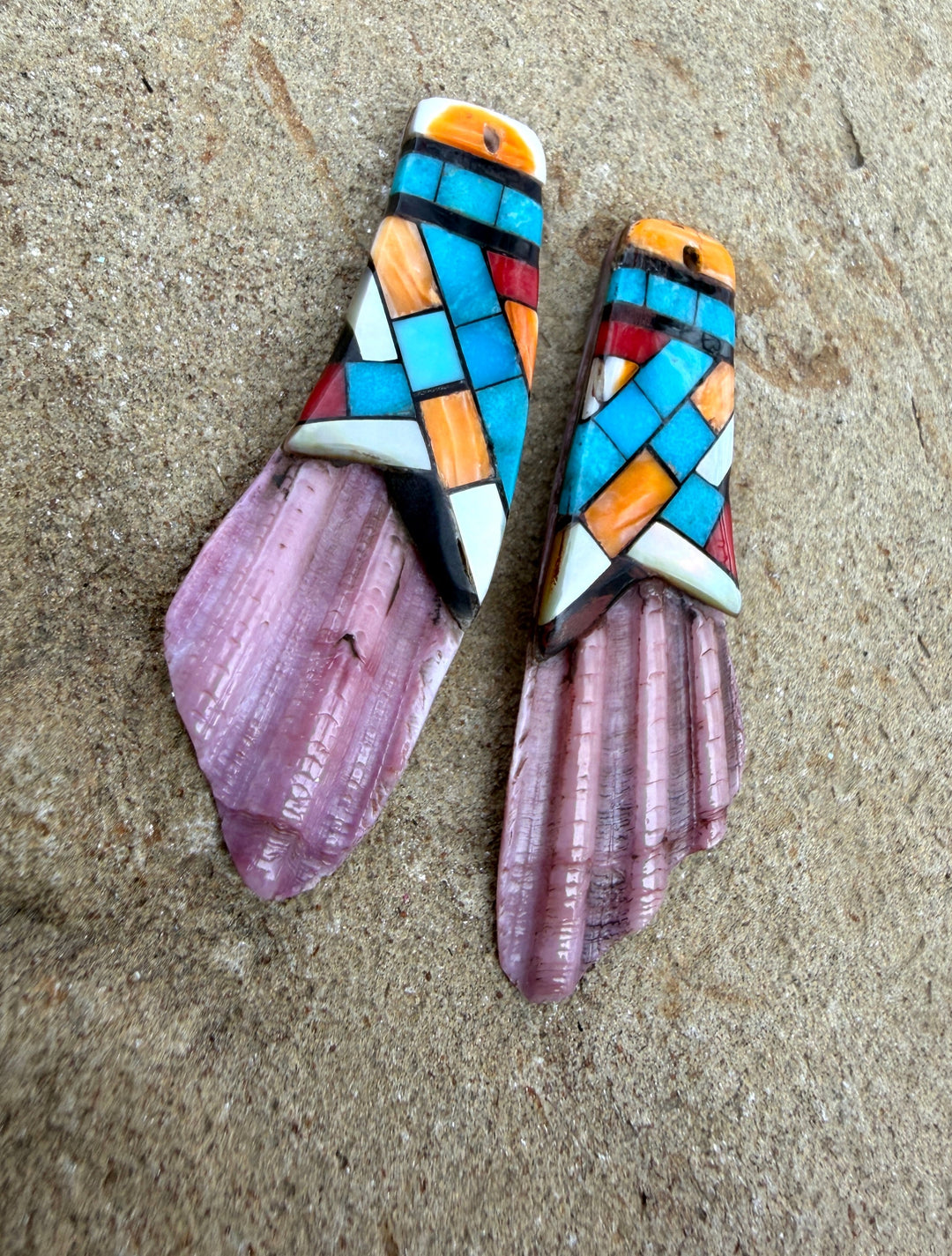 Spiny Oyster with Hand Pieced Inlay Earring Slab Bead Pair
