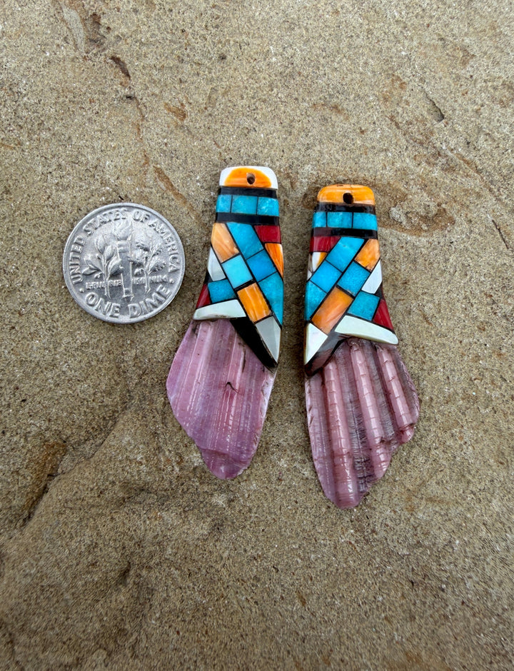 Spiny Oyster with Hand Pieced Inlay Earring Slab Bead Pair