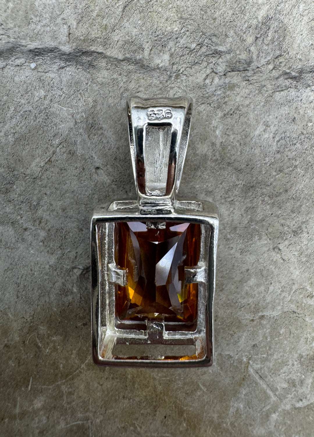 Sterling Silver Amber Color Faceted Strone Rectangle