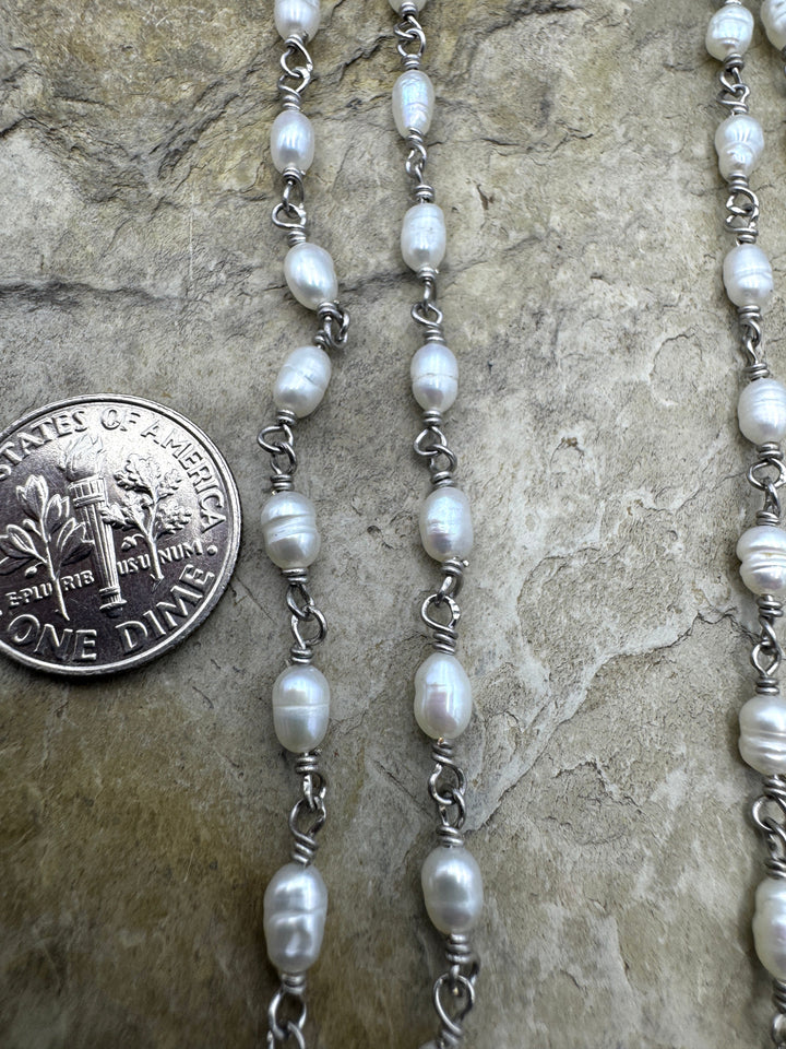 Sterling Silver Handmade Chain with 4x5mm Freshwater Pearls