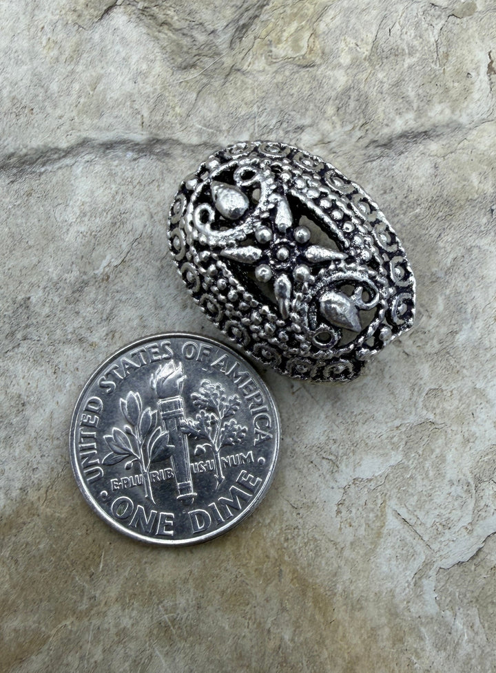 Sterling Silver Oxidized Bead,BIG Hallow Oval Shaped Bead