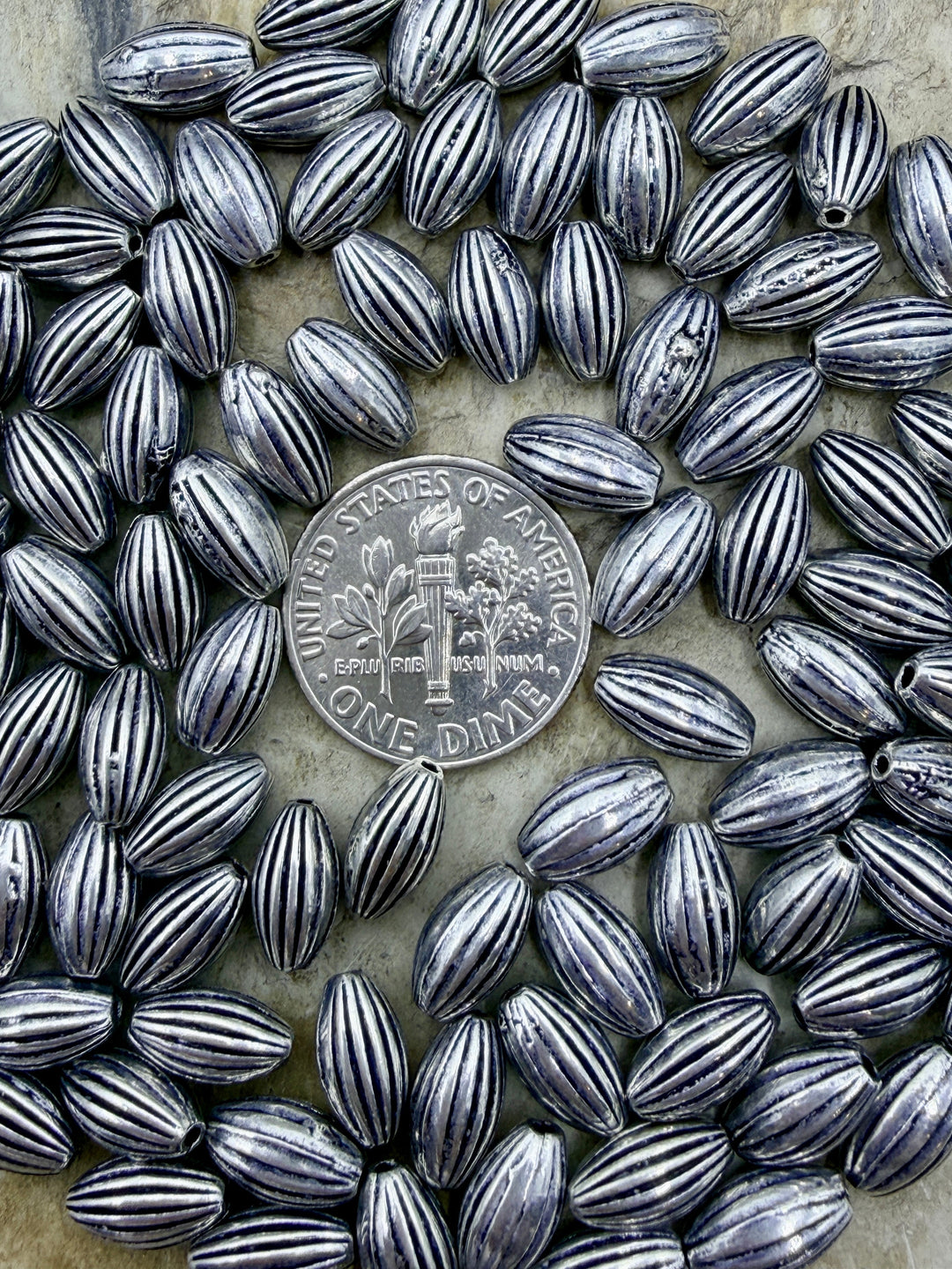 Sterling Silver Oxidized Serrated Rice Beads 5x9mm Package
