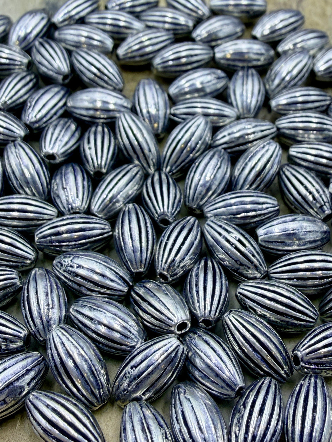 Sterling Silver Oxidized Serrated Rice Beads 5x9mm Package