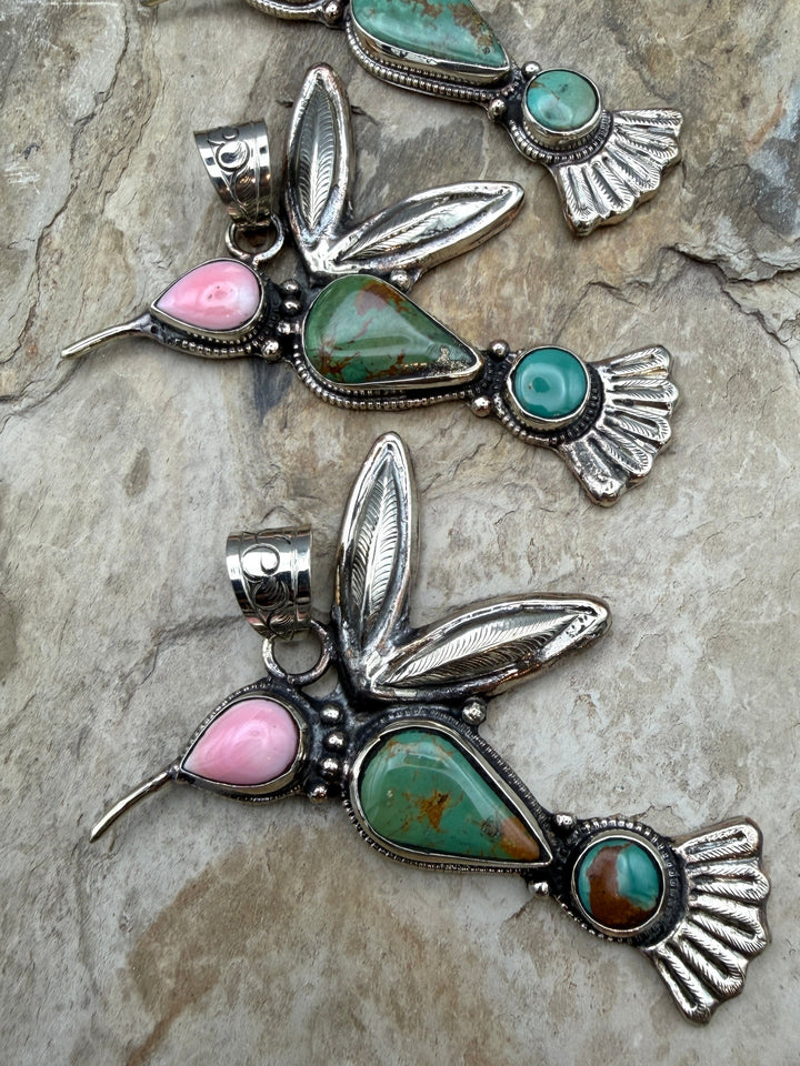 Turquoise and Pink Conch Hummingbird Pendant 51x78mm (Base