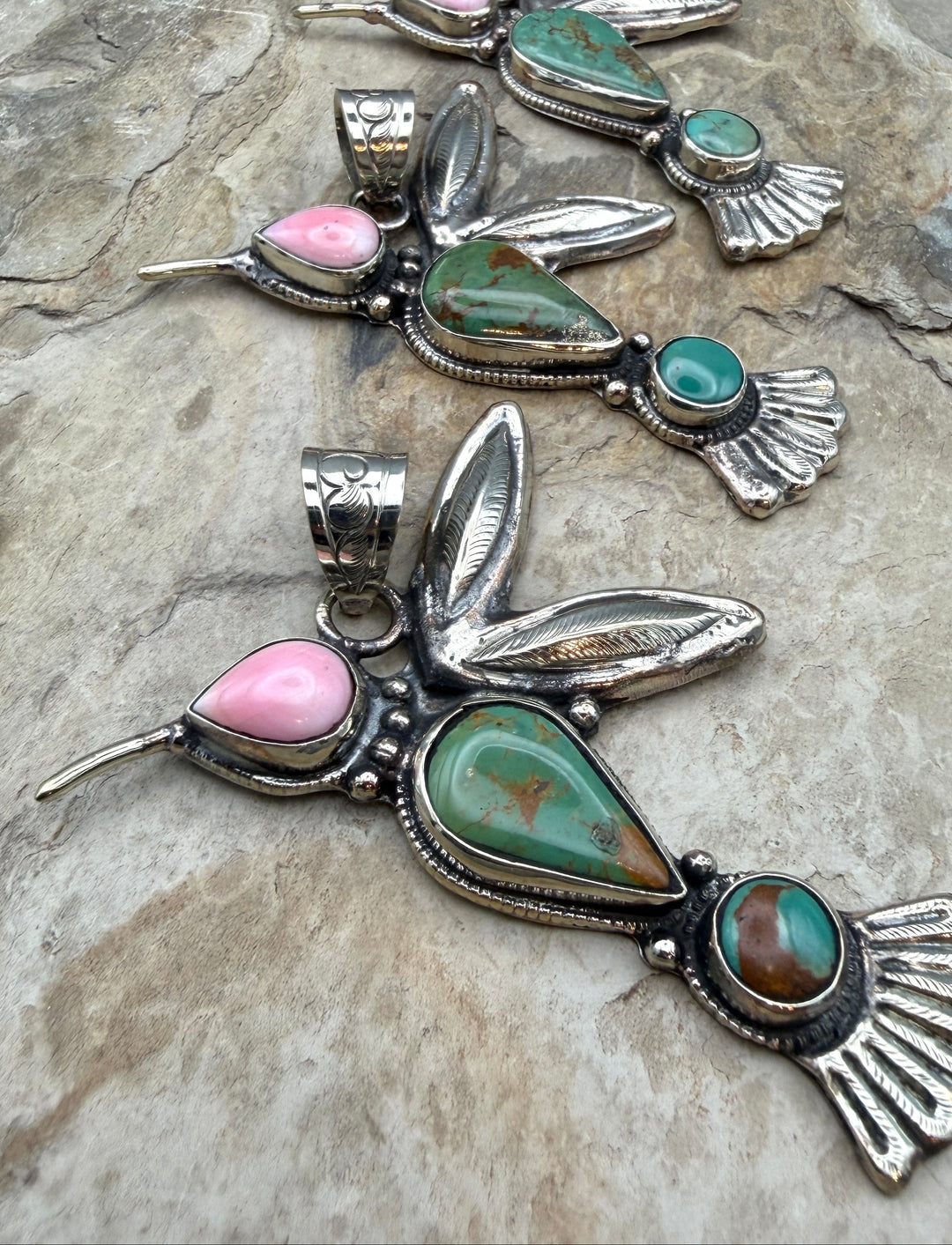 Turquoise and Pink Conch Hummingbird Pendant 51x78mm (Base