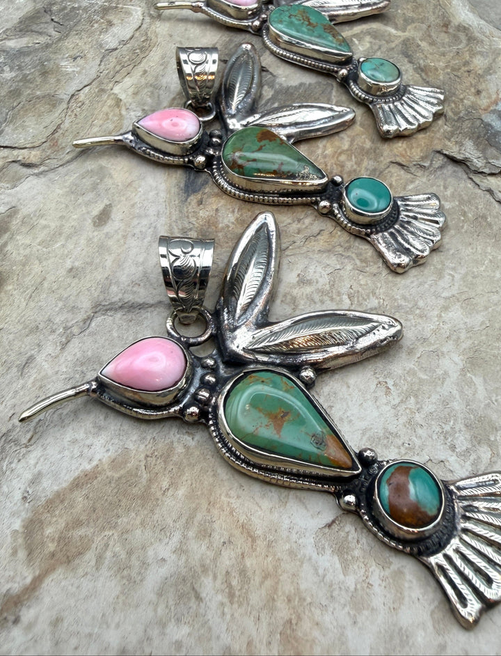 Turquoise and Pink Conch Hummingbird Pendant 51x78mm (Base