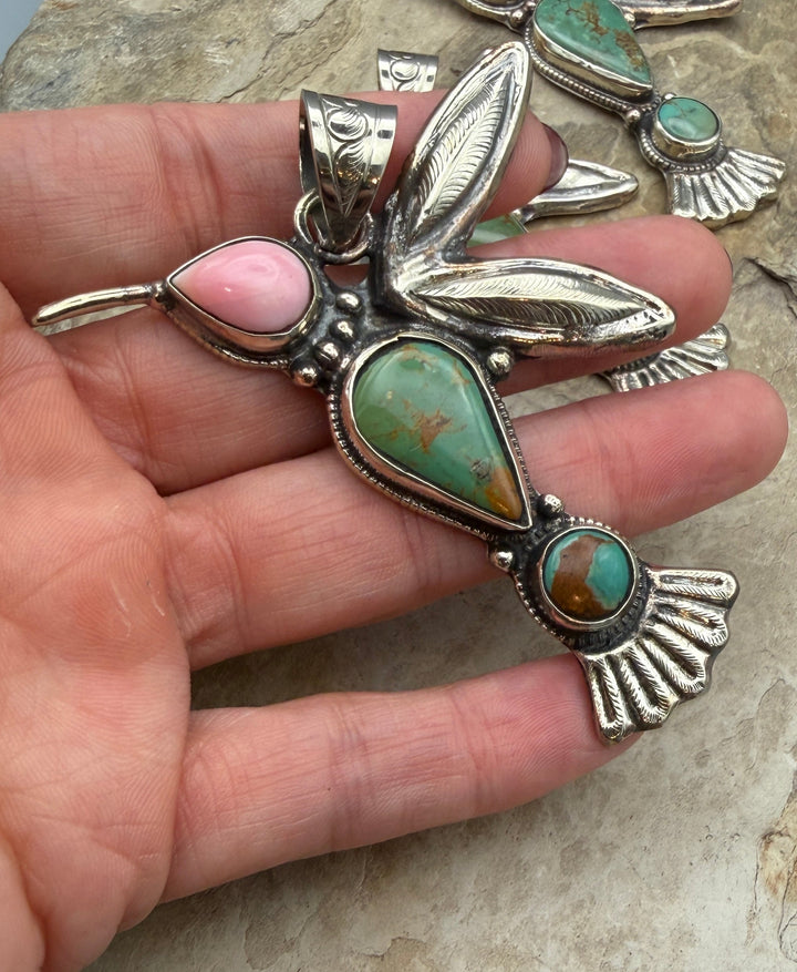 Turquoise and Pink Conch Hummingbird Pendant 51x78mm (Base
