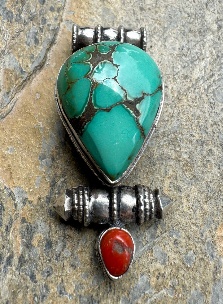 Turquoise and Sterling Silver Pendant with Coral 20x46x15mm