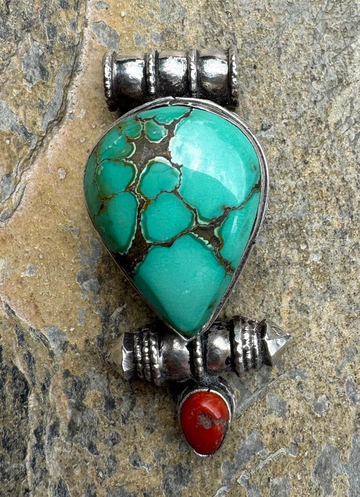 Turquoise and Sterling Silver Pendant with Coral 20x46x15mm