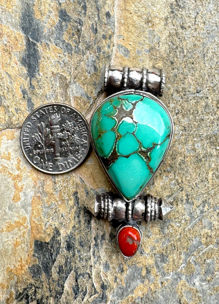 Turquoise and Sterling Silver Pendant with Coral 20x46x15mm