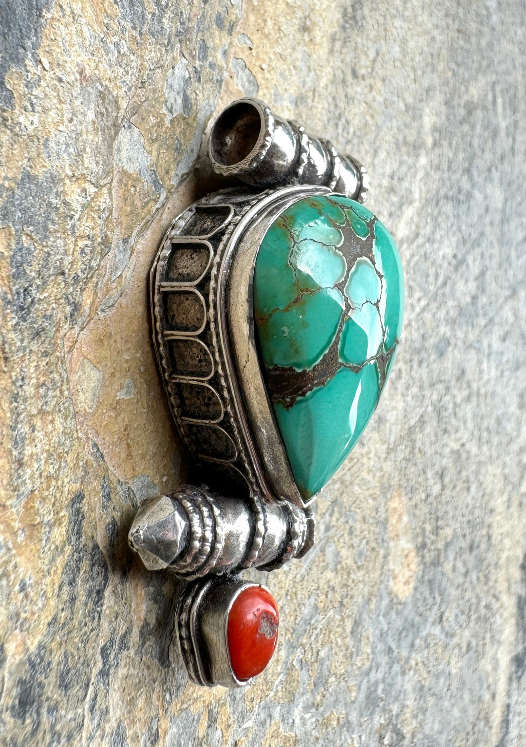 Turquoise and Sterling Silver Pendant with Coral 20x46x15mm