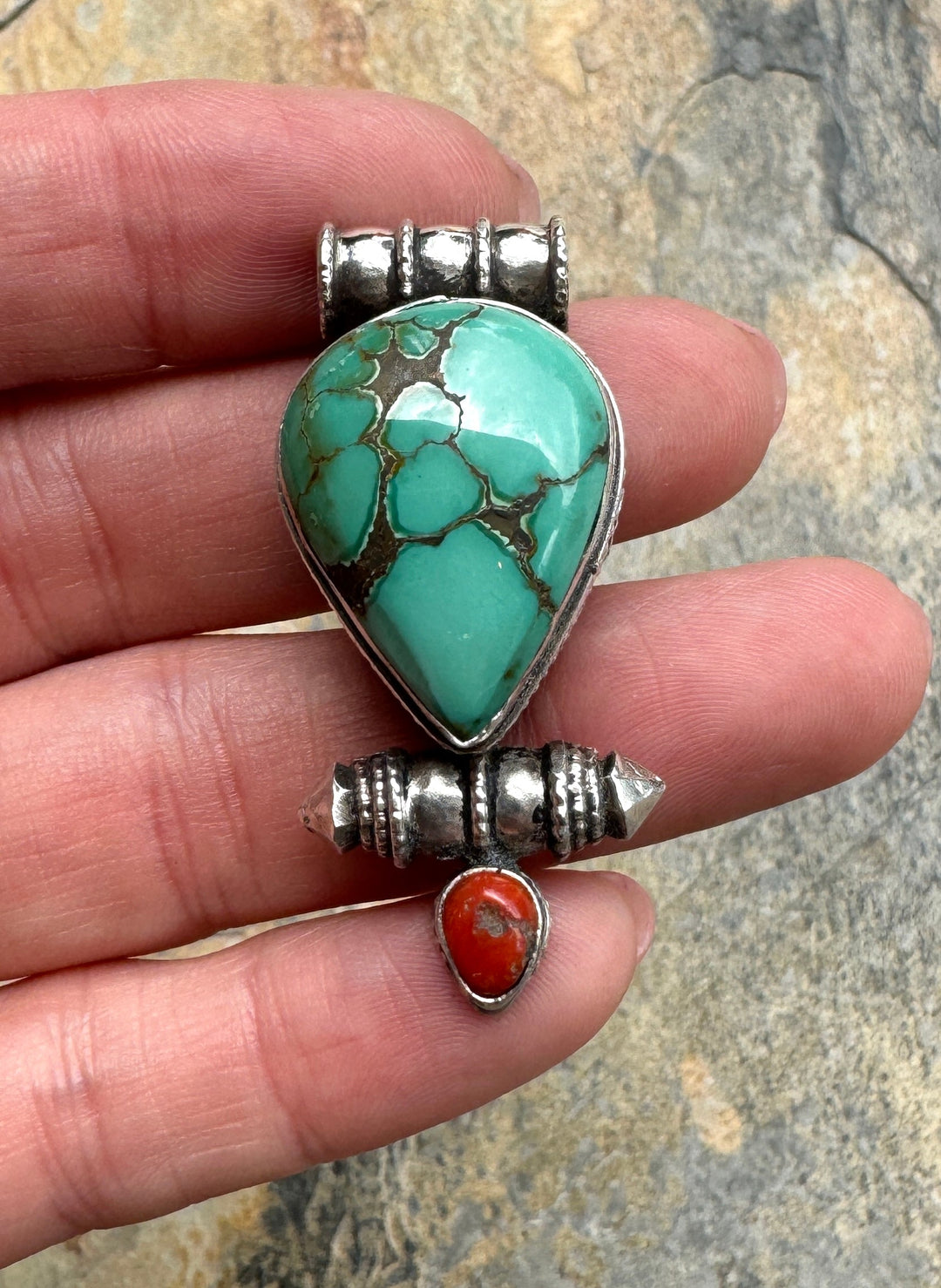 Turquoise and Sterling Silver Pendant with Coral 20x46x15mm