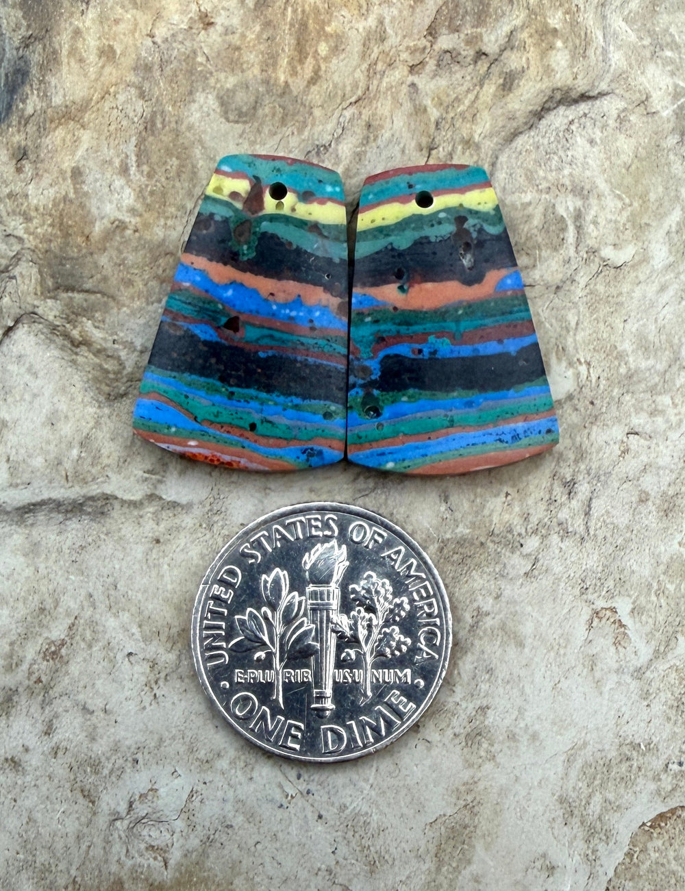 VINTAGE Rainbow Calsilica Earring Slab Bead Pair 14x21mm