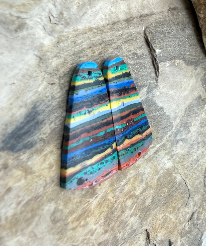 VINTAGE Rainbow Calsilica Earring Slab Bead Pair 14x26mm