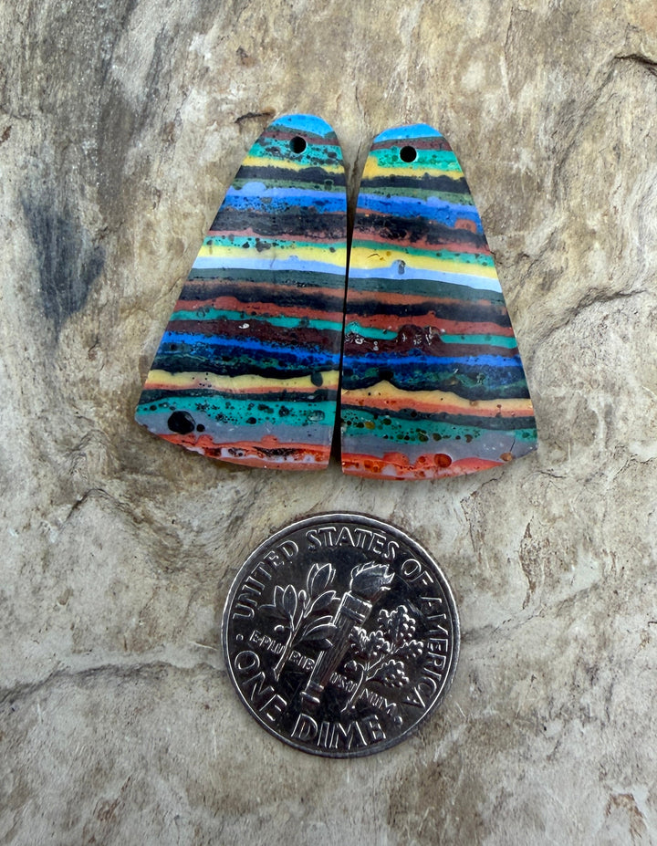 VINTAGE Rainbow Calsilica Earring Slab Bead Pair 14x26mm