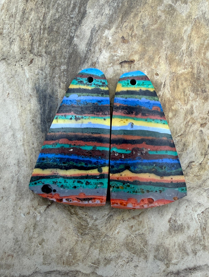 VINTAGE Rainbow Calsilica Earring Slab Bead Pair 14x26mm