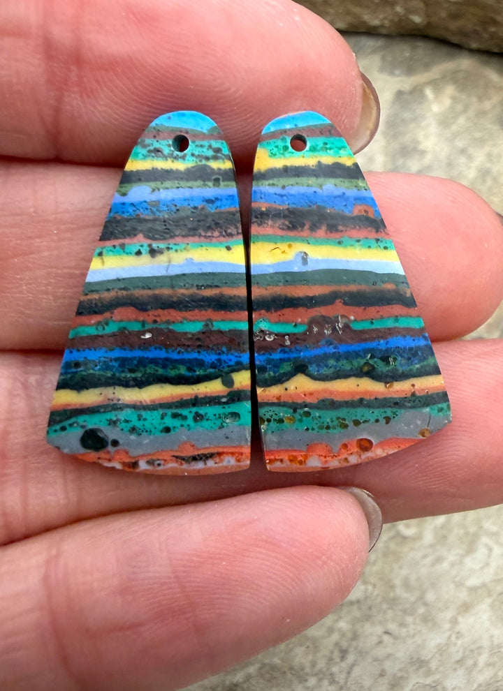 VINTAGE Rainbow Calsilica Earring Slab Bead Pair 14x26mm