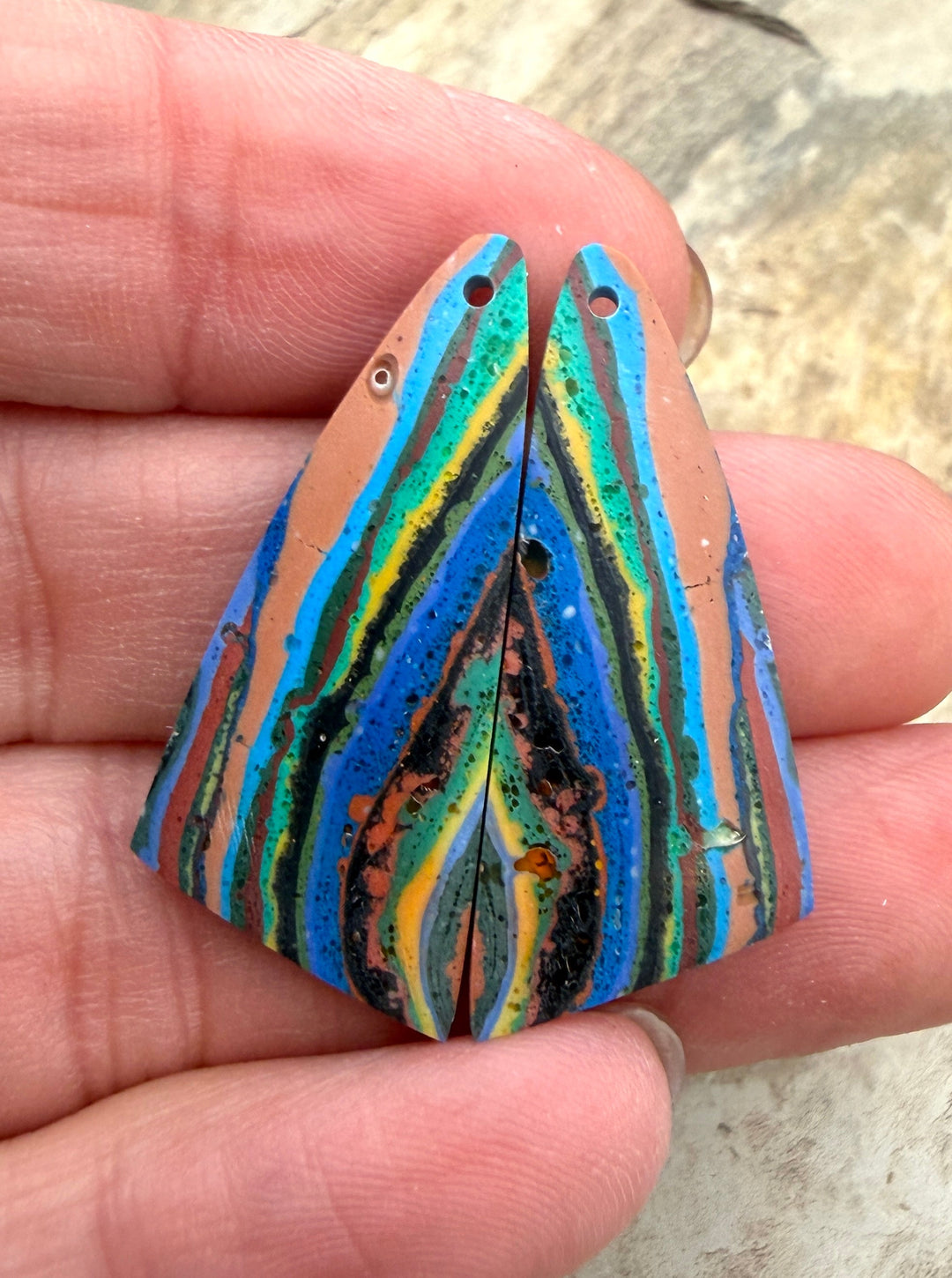 VINTAGE Rainbow Calsilica Earring Slab Bead Pair 14x33mm