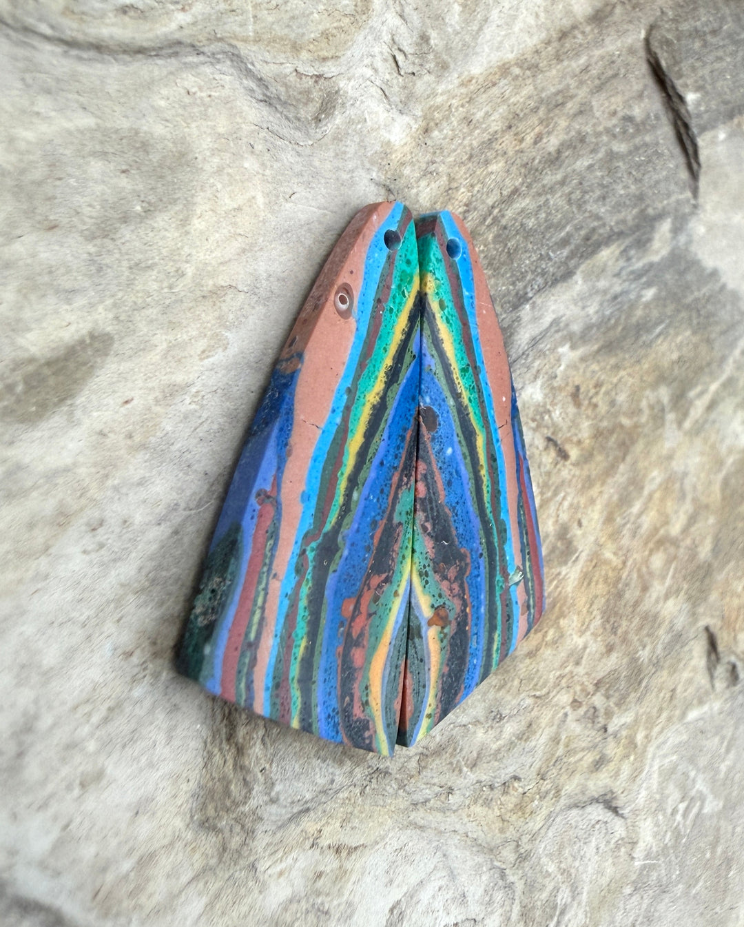 VINTAGE Rainbow Calsilica Earring Slab Bead Pair 14x33mm