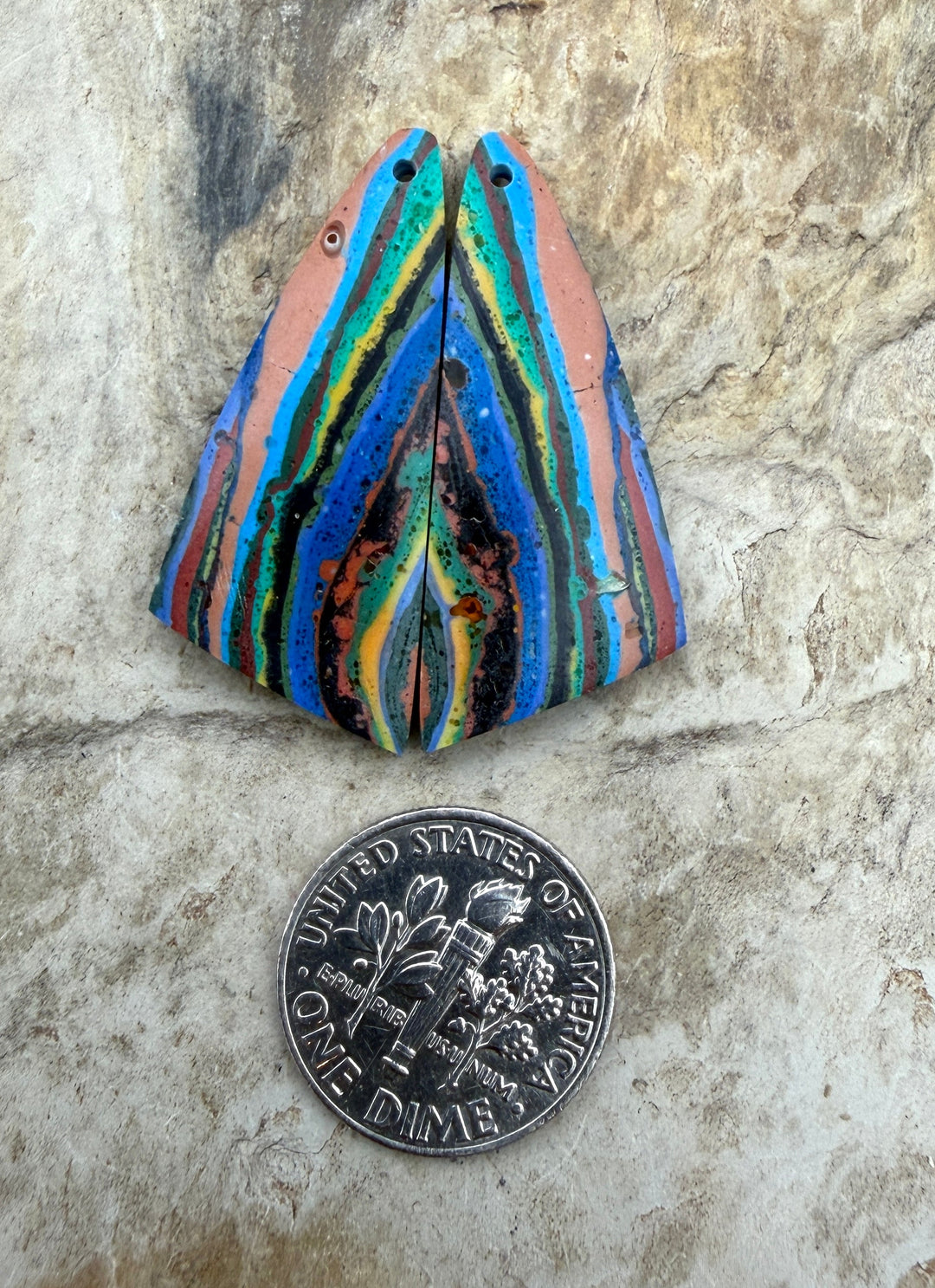 VINTAGE Rainbow Calsilica Earring Slab Bead Pair 14x33mm
