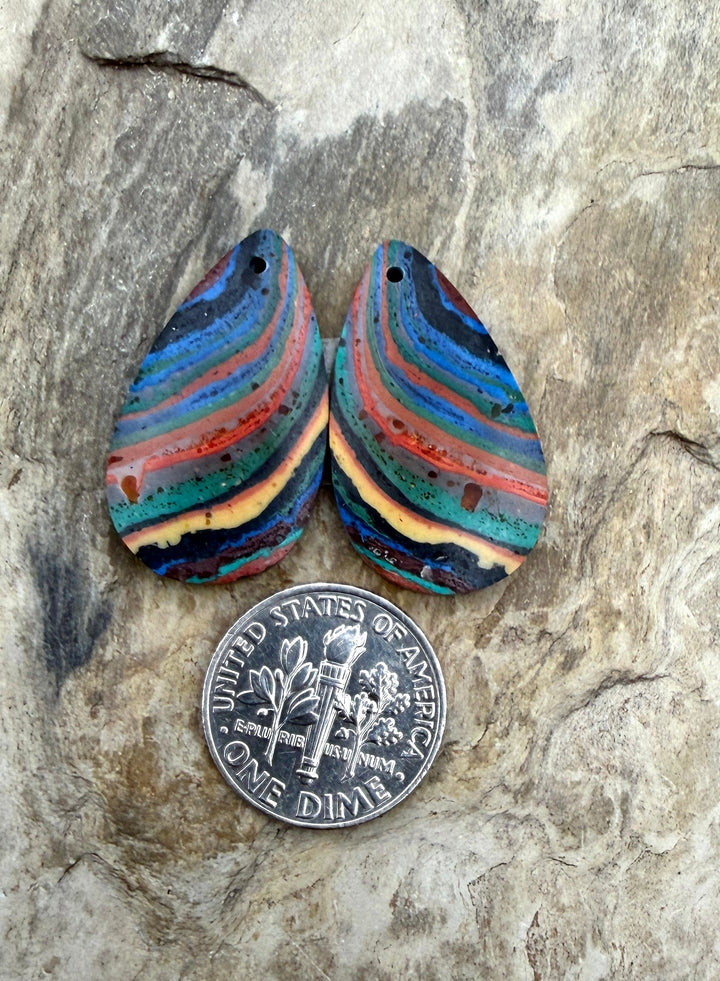 VINTAGE Rainbow Calsilica Earring Slab Bead Pair 15x27mm
