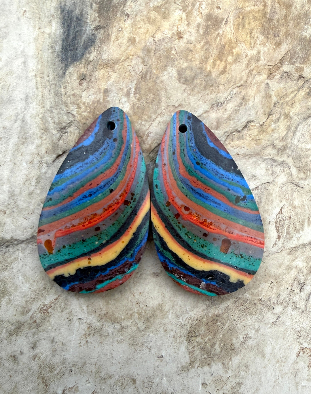 VINTAGE Rainbow Calsilica Earring Slab Bead Pair 15x27mm