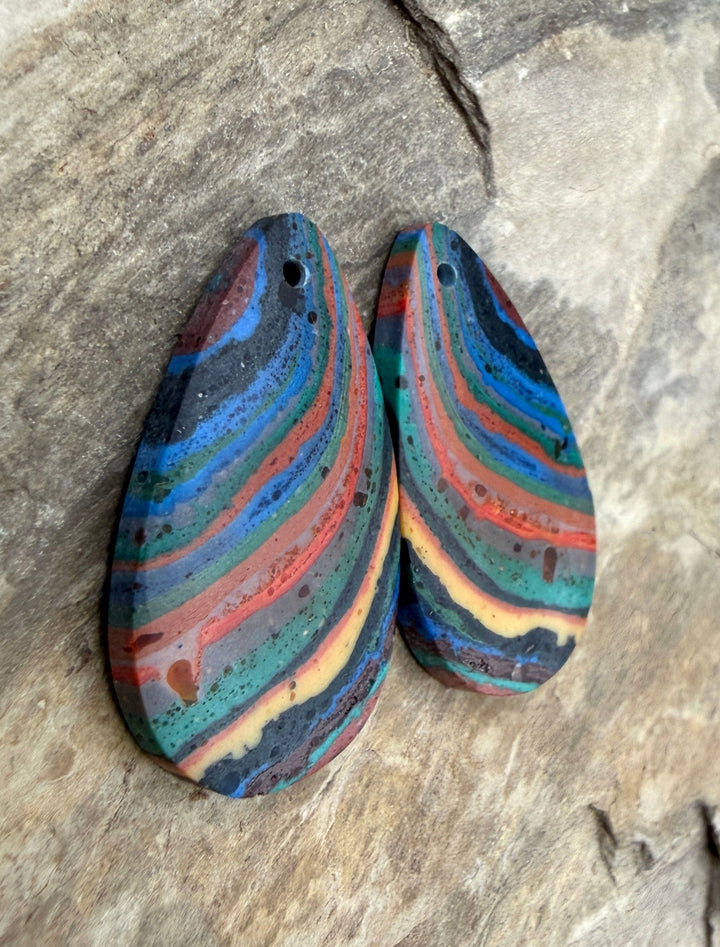 VINTAGE Rainbow Calsilica Earring Slab Bead Pair 15x27mm