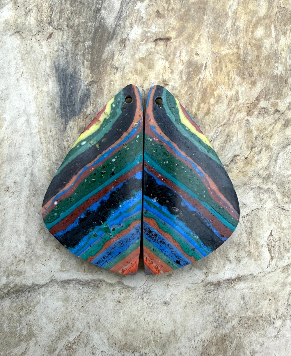 VINTAGE Rainbow Calsilica Earring Slab Bead Pair 15x30mm