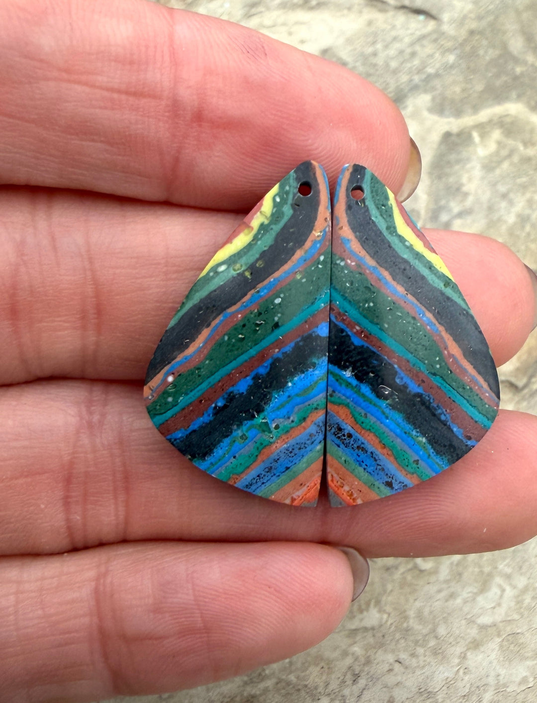 VINTAGE Rainbow Calsilica Earring Slab Bead Pair 15x30mm