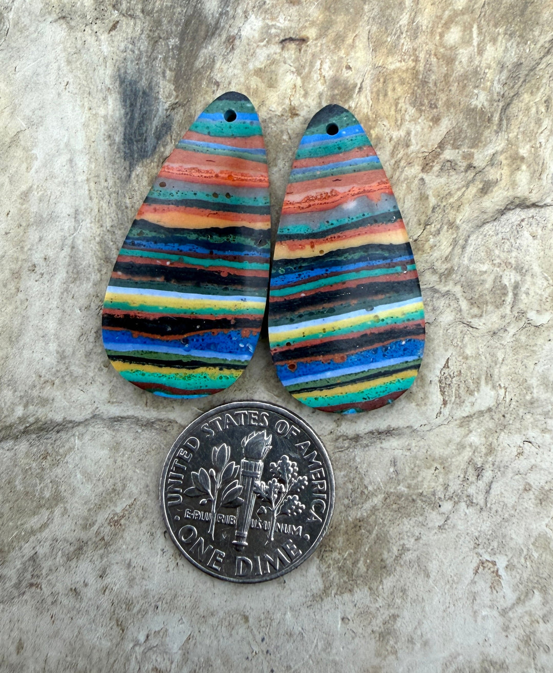 VINTAGE Rainbow Calsilica Earring Slab Bead Pair 16x31mm