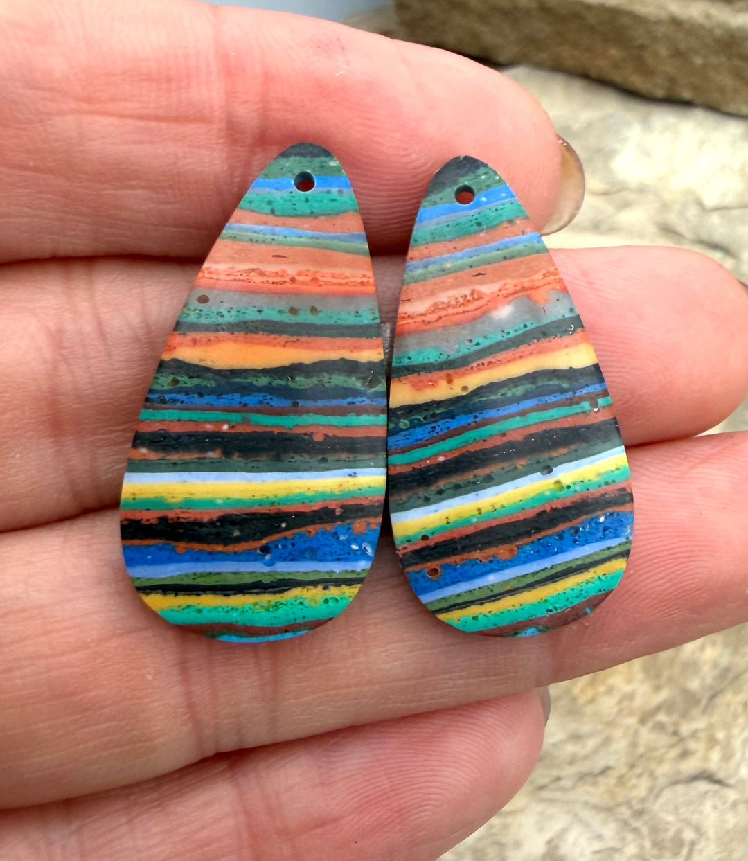 VINTAGE Rainbow Calsilica Earring Slab Bead Pair 16x31mm