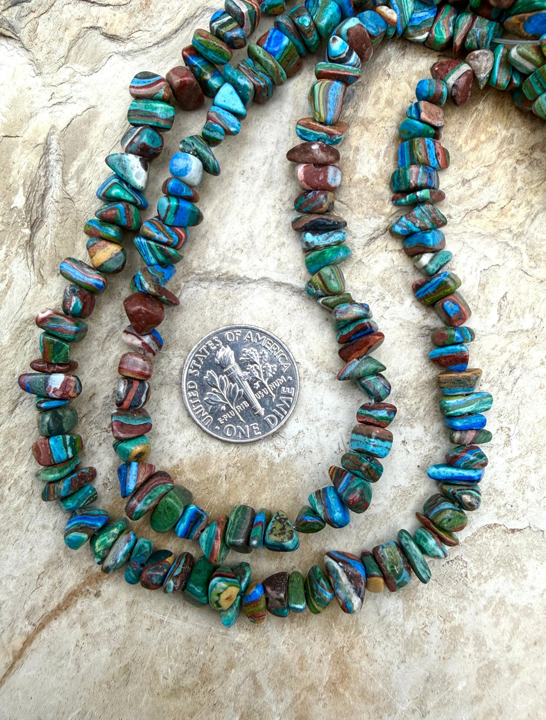 VINTAGE Rainbow Calsillica Chip Beads 3-8mm ONE 16 Inch