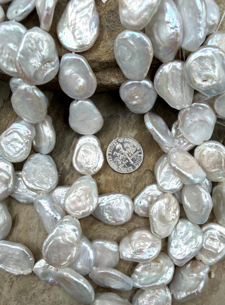 White Baroque Freshwater Coin Pearls 15-18mm 15 Inch