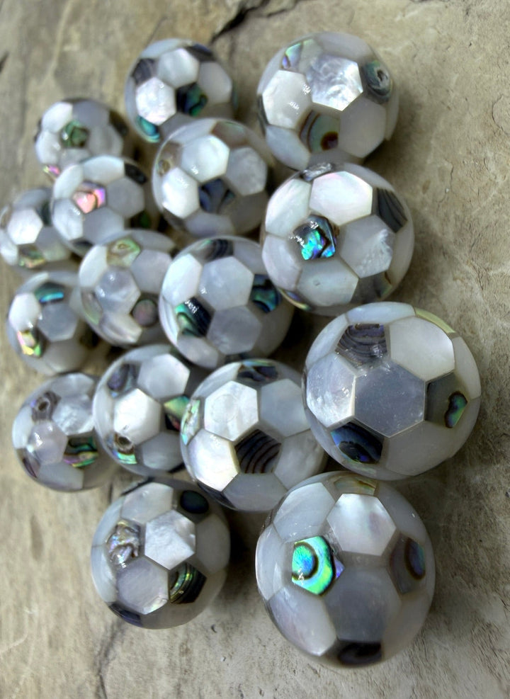 White Mother Of Pearl and Abalone Shell Soccer Ball Beads