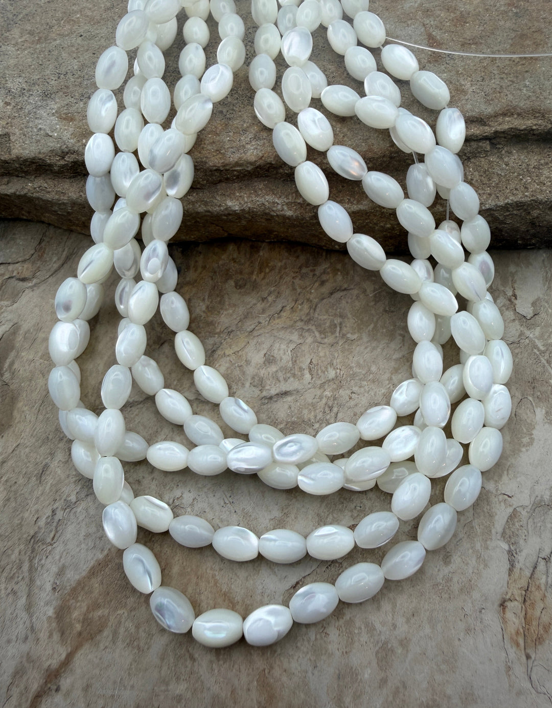 White Mother Of Pearl Rice Beads 6x9mm ONE 16 inch Strand